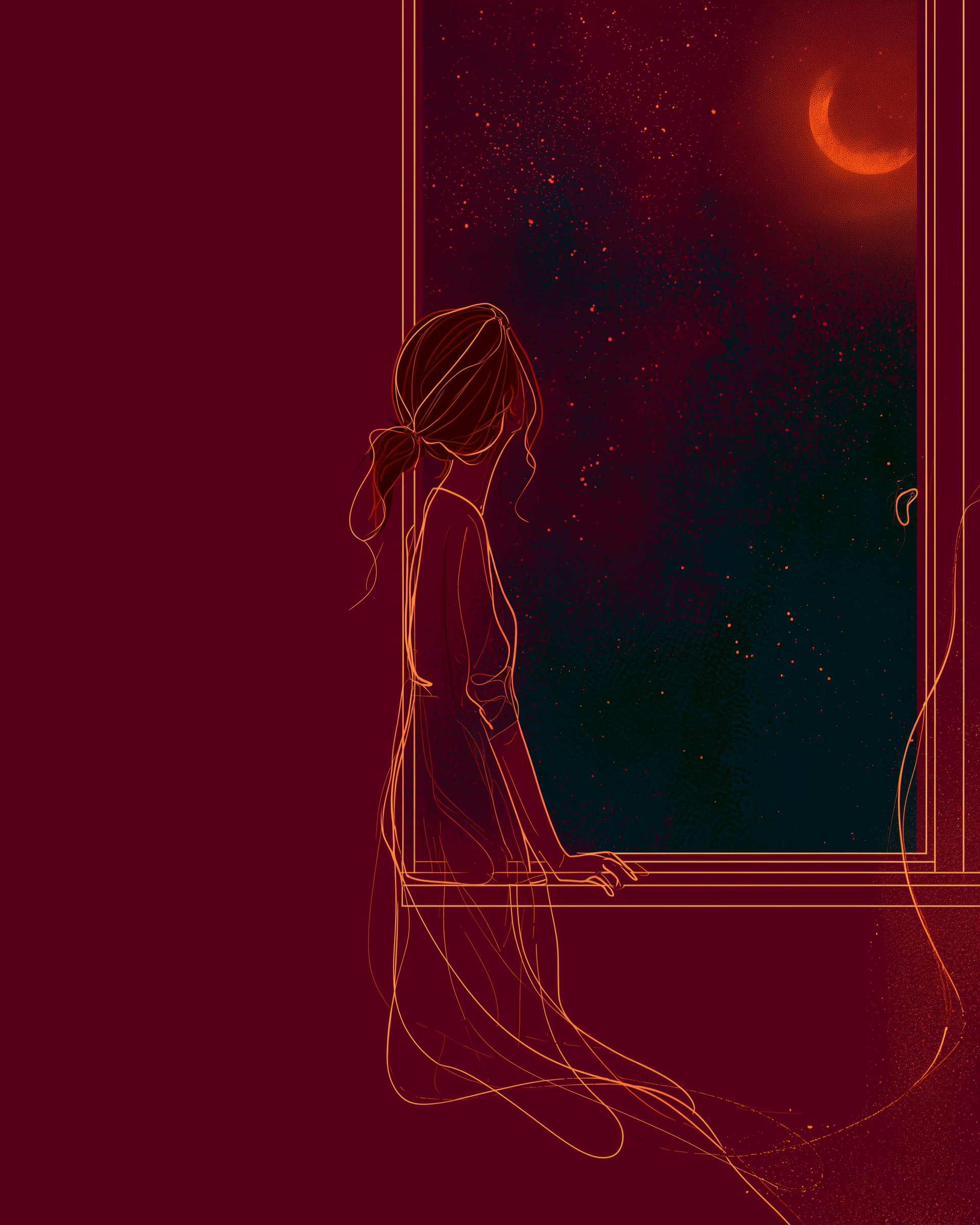 Illustration: woman at a window of light, looking out at a star-filled sky just beyond reach