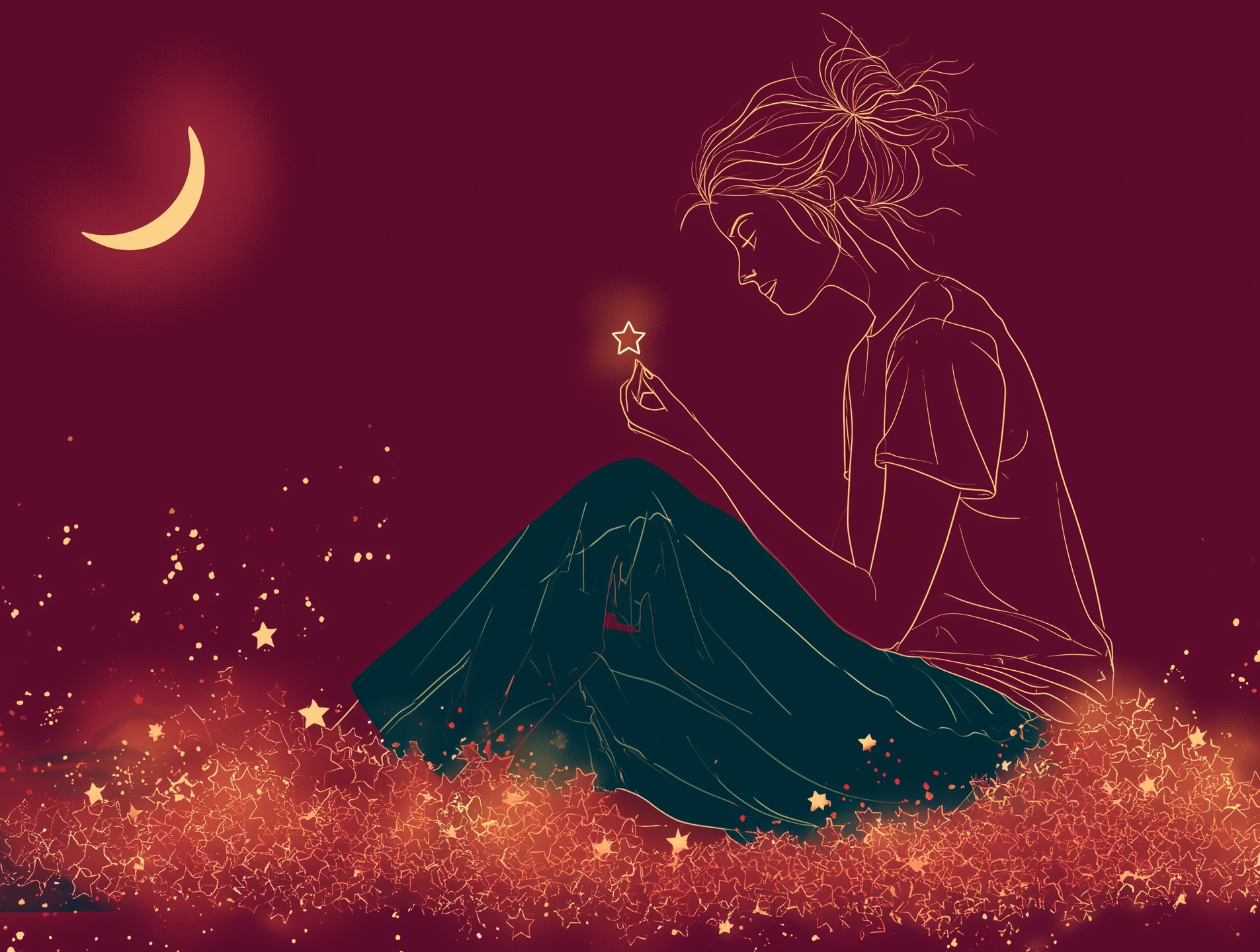 Illustration: woman sitting on a pile of stars, holding one star up, smiling, crescent moon above